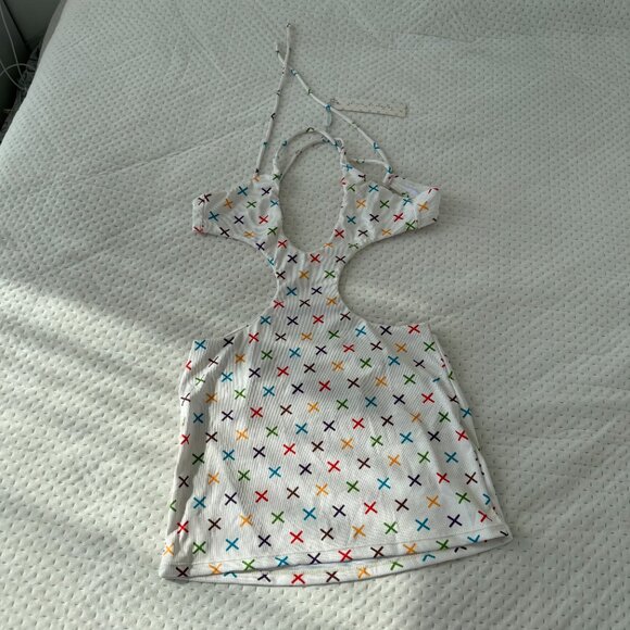 Boutine LA Vanila white Ribbed Logo Print Cut-Out Dress small NWT - Picture 3 of 6
